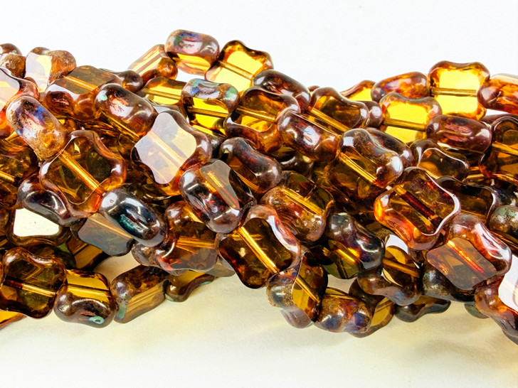 Vintage Czech Glass Table Cut Pinched Square Bead, Topaz Picasso