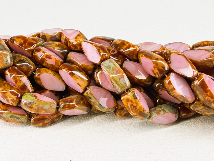 Vintage Czech Glass Table Cut Rhombus Bead, Coral Pink Picasso