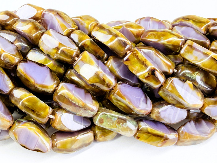 Vintage Czech Glass Table Cut Rhombus Bead, Milky Amethyst Picasso