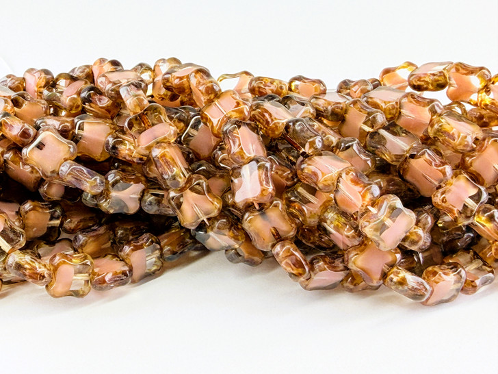 Vintage Czech Glass Table Cut Pinched Square Bead, Coral Pink Picasso