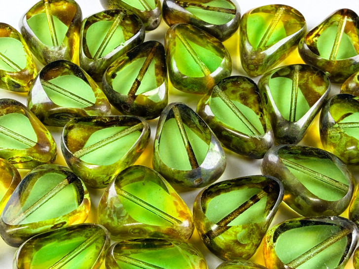Vintage Czech Glass Table Cut Drop Nugget Bead, Peridot Picasso with Glow