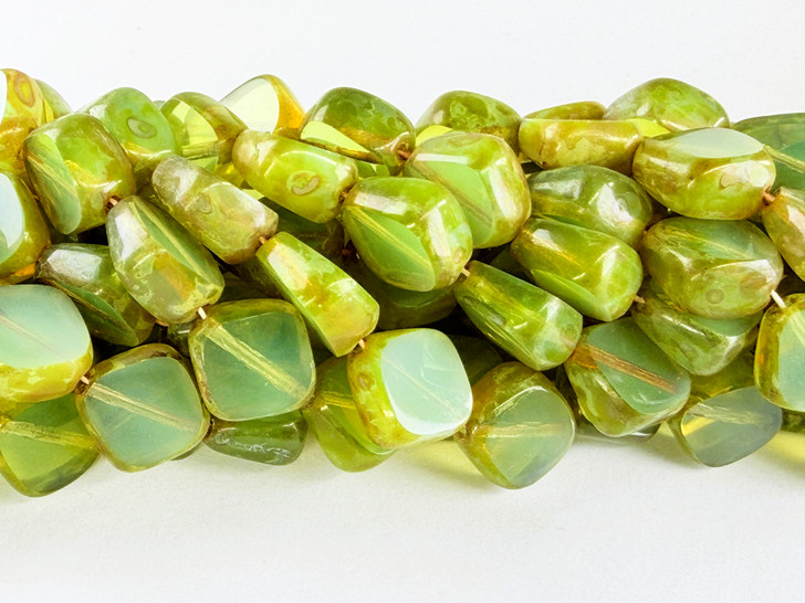 Vintage Czech Glass Table Cut Diamond Bead, Peridot Picasso