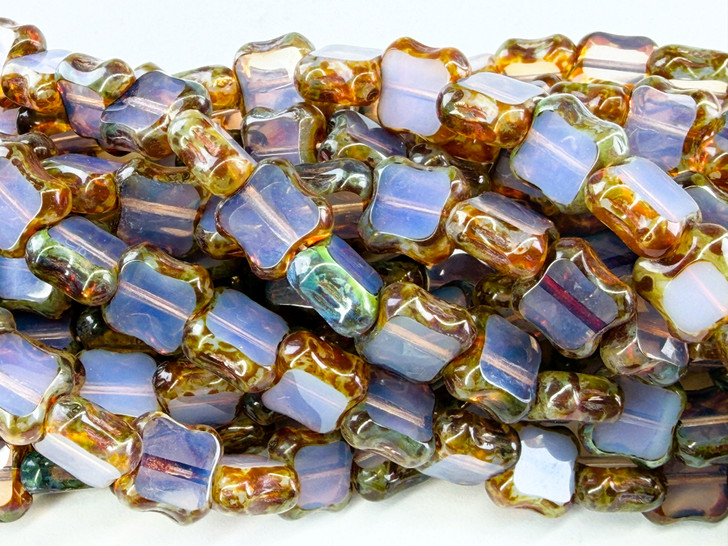 Vintage Czech Glass Table Cut Pinched Square Bead, Opaline Picasso