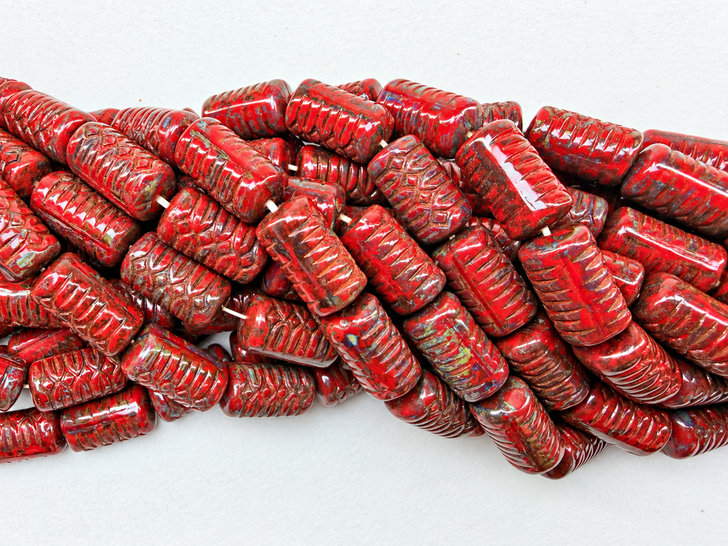 Vintage Czech Glass Barrel Beads, Opaque Red Picasso, 15x8mm