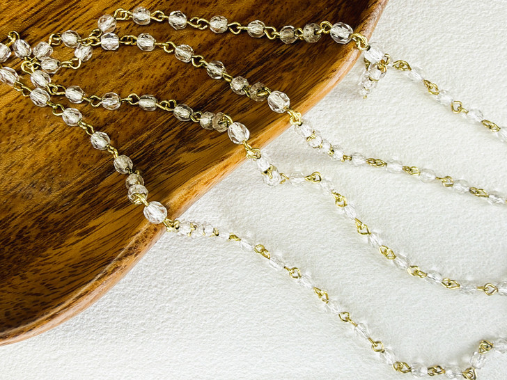 4mm Czech Glass Silver-Lined Crystal Fire-Polish Beaded Chain, Bronze Chain, 39"