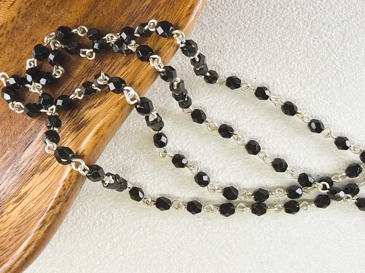 4mm Czech Glass Jet l Fire-Polish Beaded Chain, Silver-Plated Chain, 39"