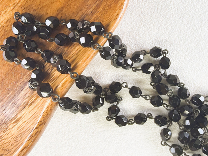 6mm Czech Glass Jet Fire-Polish Beaded Chain, Matte Black Chain, 39"
