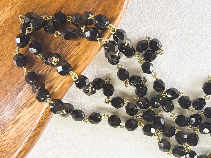 6mm Czech Glass Jet Fire-Polish Beaded Chain, Bronze Chain, 39"