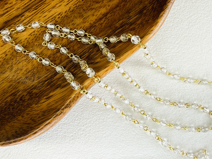 4mm Czech Glass Silver-Lined Crystal Fire-Polish Beaded Chain, Gold-Plated Chain, 39"
