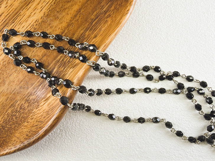 4mm Czech Glass Jet l Fire-Polish Beaded Chain, Antique Silver Chain, 39"