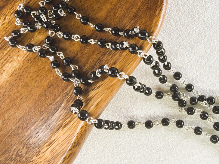 4mm Czech Glass Black Round Beaded Chain, Silver-Plated Chain, 39"
