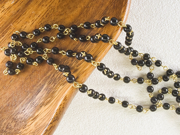 4mm Czech Glass Black Round Beaded Chain, Gold-Plated Chain, 39" continuous length