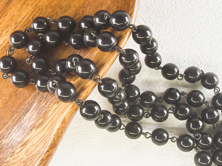 8mm Czech Glass Black Round Beaded Chain, Matte Black Chain, 39"