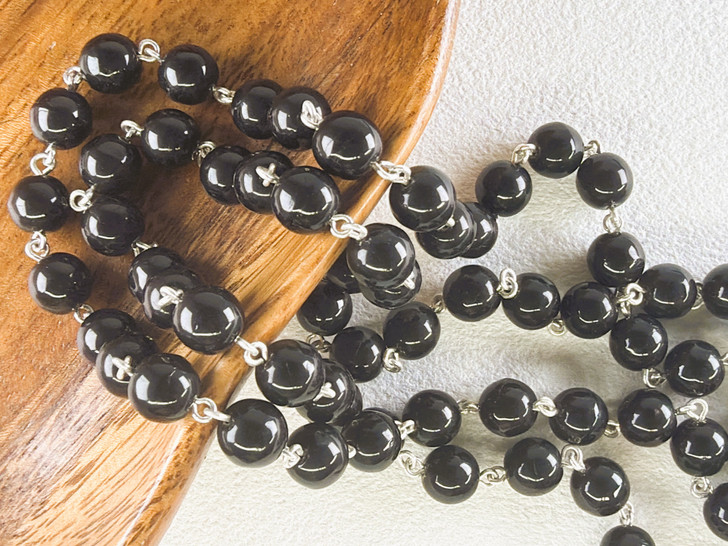 8mm Czech Glass Black Round Beaded Chain, Silver-Plated Chain, 39"