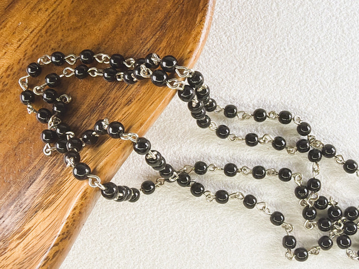 4mm Czech Glass Black Round Beaded Chain, Antique Silver Chain, 39"