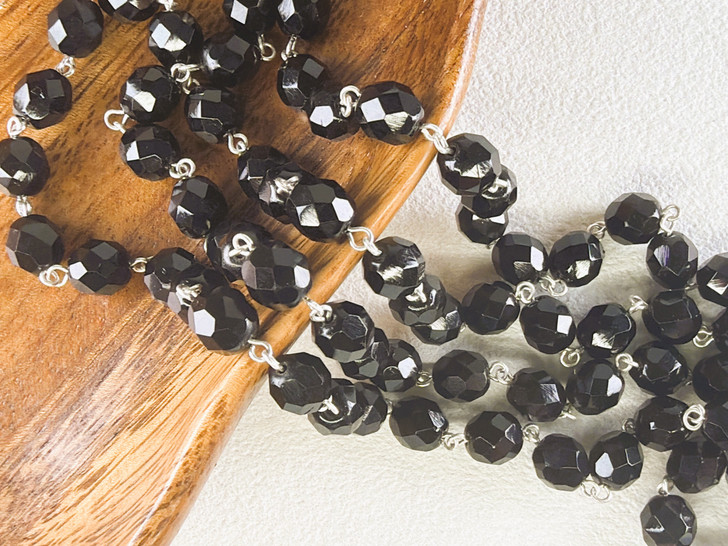 8mm Czech Glass Jet Fire-Polish Beaded Chain, Silver-Plated Chain, 39"