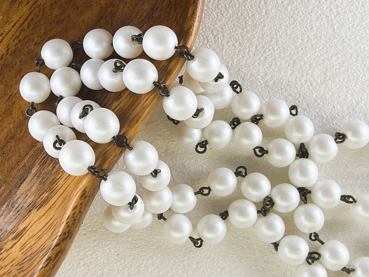 8mm Czech Glass Snow Pearl Beaded Chain, Matte Black-Plated Chain, 39"