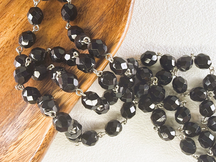 8mm Czech Glass Jet Fire-Polish Beaded Chain, Antique Silver Chain, 39"