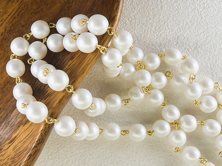 8mm Czech Glass Snow Pearl Beaded Chain, Gold-Plated Chain, 39" continuous length