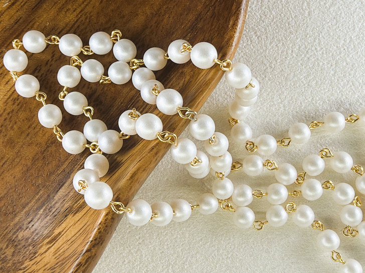 6mm Czech Glass Snow Pearl Beaded Chain, Gold-Plated Chain, 39"