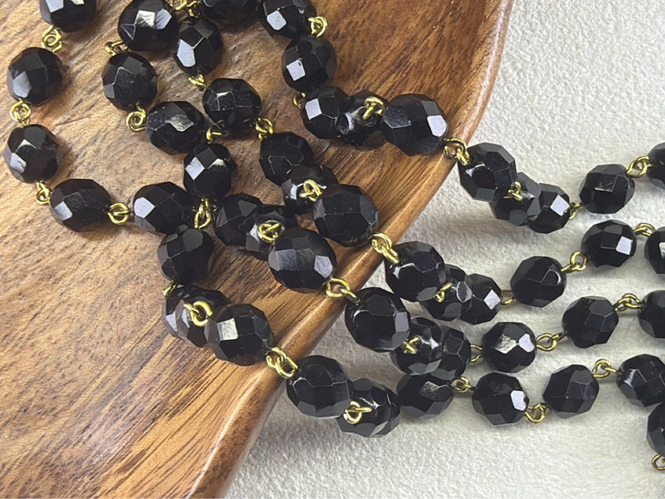 8mm Czech Glass Jet Fire-Polish Beaded Chain, Bronze Chain, 39"