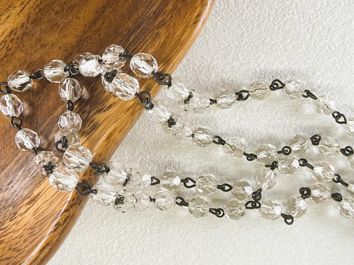 6mm Czech Glass Silver-Lined Crystal Fire-Polish Beaded Chain, Matte Black Chain, 39"