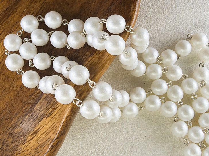 8mm Czech Glass Snow Pearl Beaded Chain, Silver-Plated Chain, 39"
