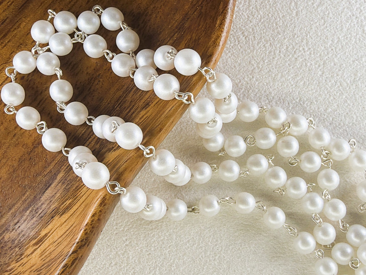 6mm Czech Glass Snow Pearl Beaded Chain, Silver-Plated Chain, 39"
