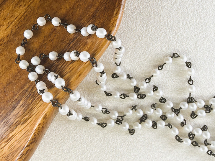 4mm Czech Glass Snow Pearl Beaded Chain, Matte Black Chain, 39"