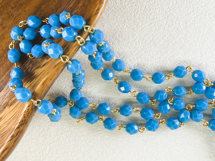 6mm Czech Glass Blue Turquoise Fire-Polish Beaded Chain, Gold-Plated Chain, 39"