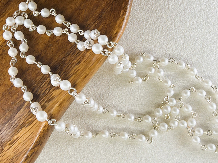 4mm Czech Glass Snow Pearl Beaded Chain, Silver-Plated Chain, 39"