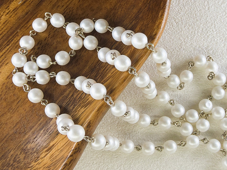 6mm Czech Glass Snow Pearl Beaded Chain, Antique Silver Chain, 39"