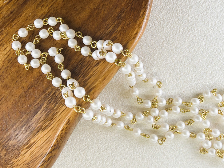 4mm Czech Glass Snow Pearl Beaded Chain, Gold-Plated Chain, 39"