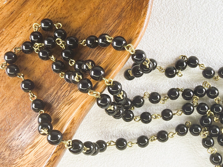 6mm Czech Glass Black Round Beaded Chain, Bronze Chain, 39"