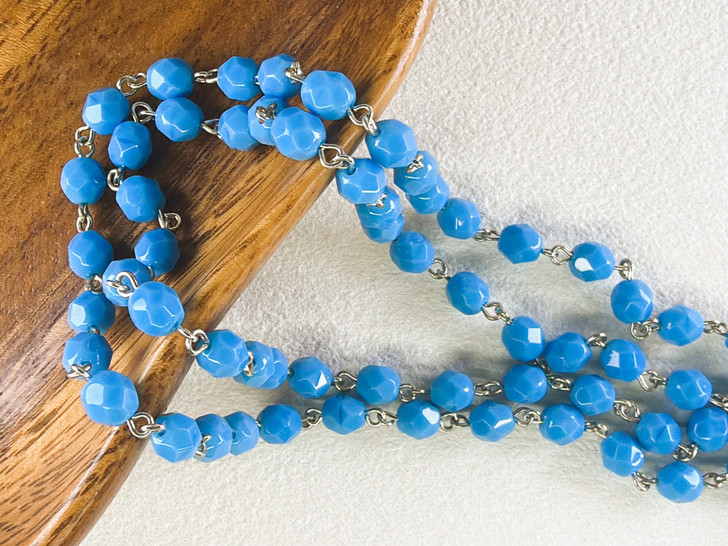 6mm Czech Glass Blue Turquoise Fire-Polish Beaded Chain, Antique Silver Chain, 39"