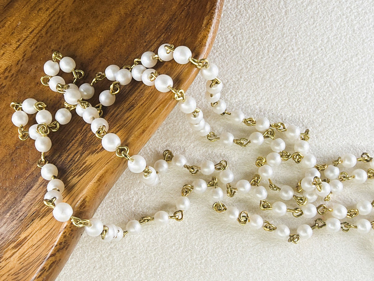 4mm Czech Glass Snow Pearl Beaded Chain, Bronze Chain, 39"