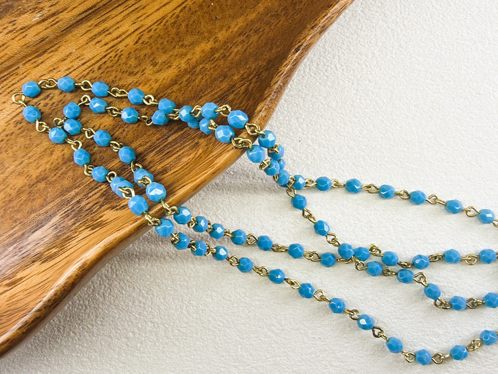 4mm Czech Glass Blue Turquoise Fire-Polish Beaded Chain, Bronze Chain, 39"