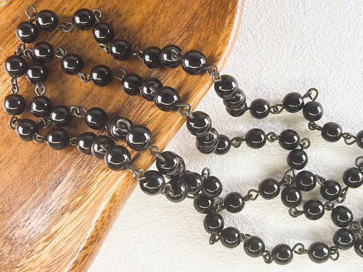6mm Czech Glass Black Round Beaded Chain, Matte Black Chain, 39"