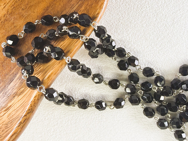 6mm Czech Glass Jet Fire-Polish Beaded Chain, Antique Silver Chain, 39"