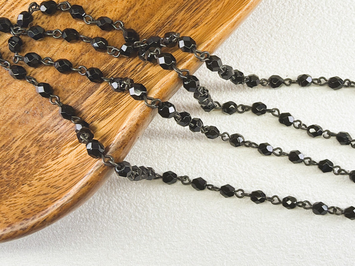 4mm Czech Glass Jet l Fire-Polish Beaded Chain, Matte Black Chain, 39"
