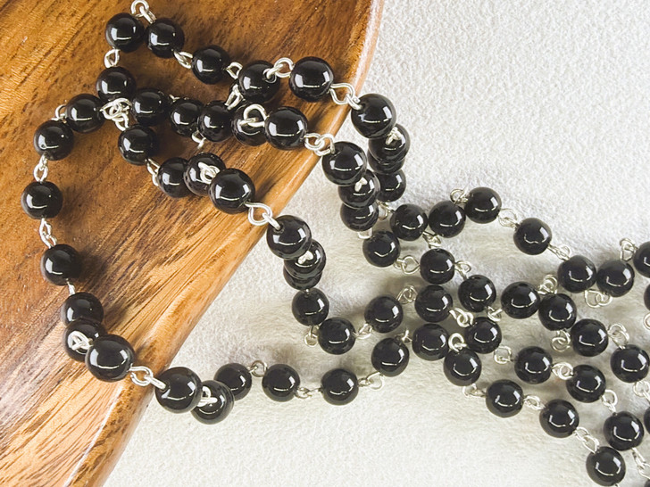 6mm Czech Glass Black Round Beaded Chain, Gold-Plated Chain, 39"