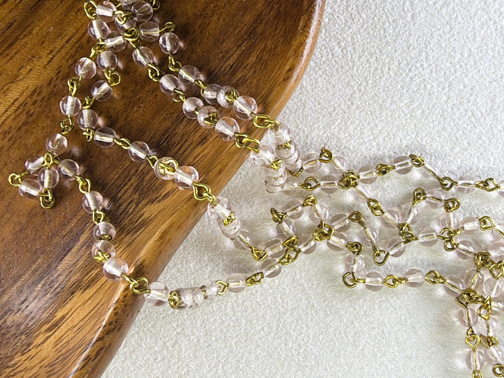 4mm Czech Glass Light Rosaline Round Beaded Chain, Gold-Plated Chain, 39"