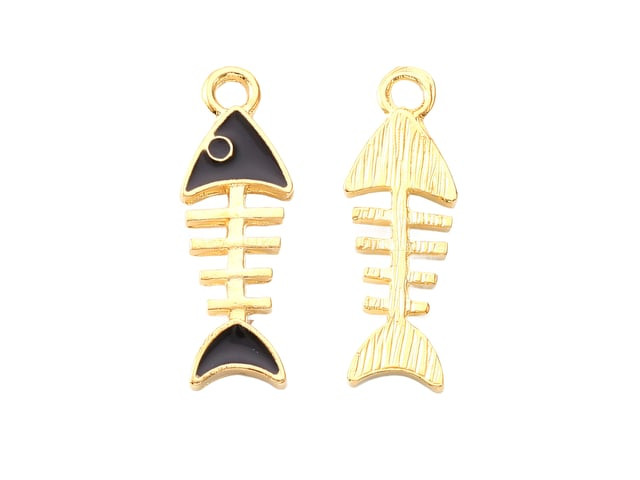 Black Enamel Fishbone Pendant, Light Gold Finish, 24x8mm