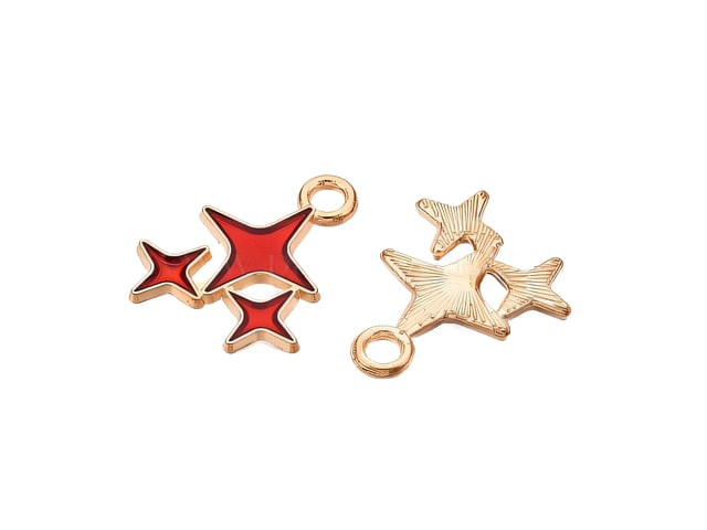 Red Enamel Triple Star Pendant, Light Gold Finish, 18x14mm