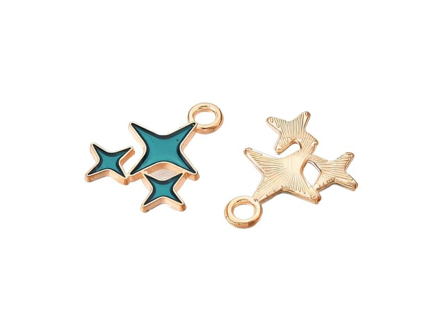 Dark Cyan Enamel Triple Star Pendant, Light Gold Finish, 18x14mm
