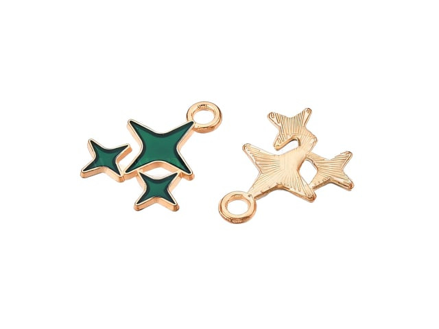 Sea Green Enamel Triple Star Pendant, Light Gold Finish, 18x14mm