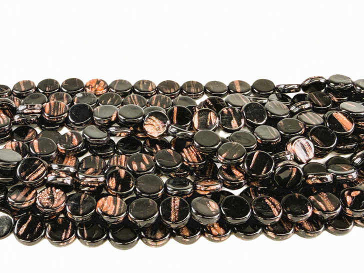 Vintage Czech Glass Dime Beads, Black with Bronze Shimmer, 8x3mm