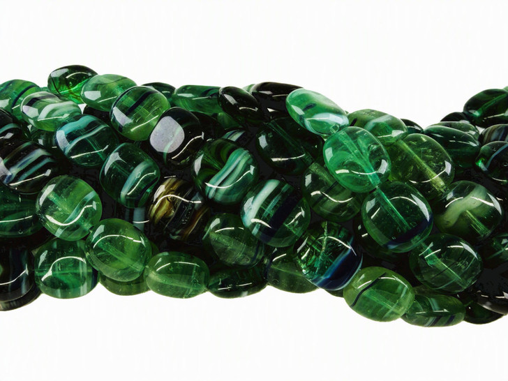 Hurricane Glass Oval Beads, Emerald Swirl, 10mm