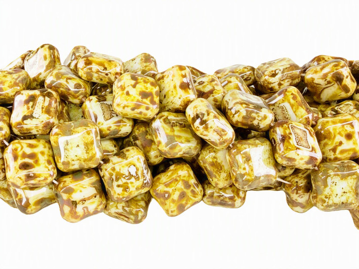 Vintage Czech Glass Diamond Beads, Ivory Picasso, 14x14mm