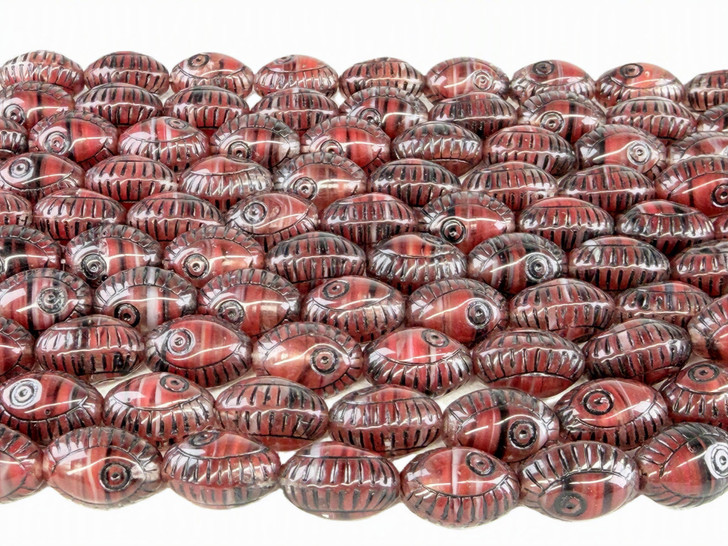 Vintage Hurricane Glass Rice with Eye Beads, Red & Black Swirl, 13x9mm